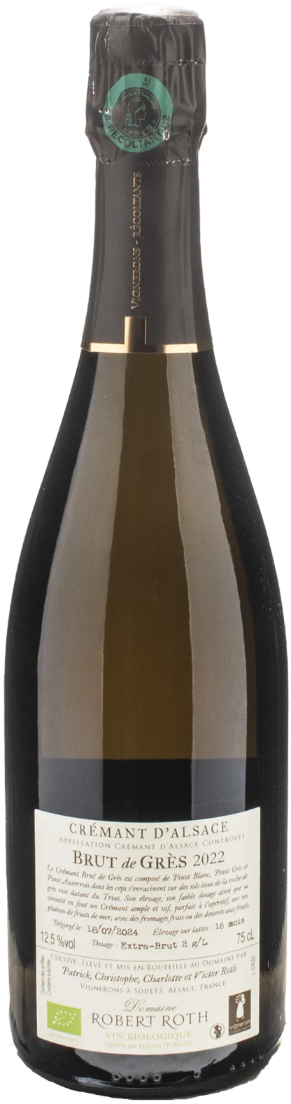 Domaine Robert Roth Cremant d'Alsace Blanc de Blancs Brut de Gres Extra Brut Bio 2022 - immagine 2