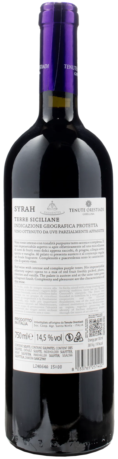 Orestiadi Paxmentis Leggermente Appassito Syrah 2022 - immagine 2